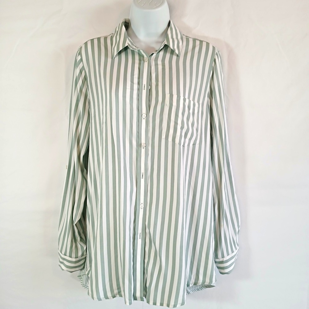 Jane + Delancey green white stripe button up long sleeve sz S office work casual